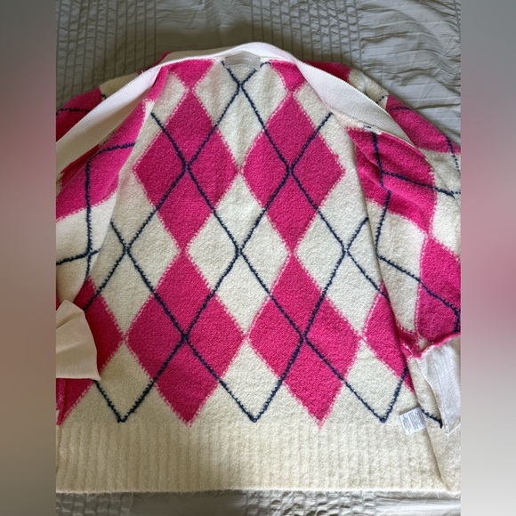 Everlane SuperFuzz Alpaca Cardigan Pink White Argyle Sweater Oversize Medium - Picture 6 of 8